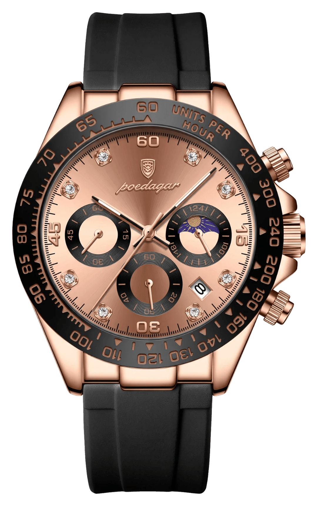 Apex watch in rose gold on black silicone, front view