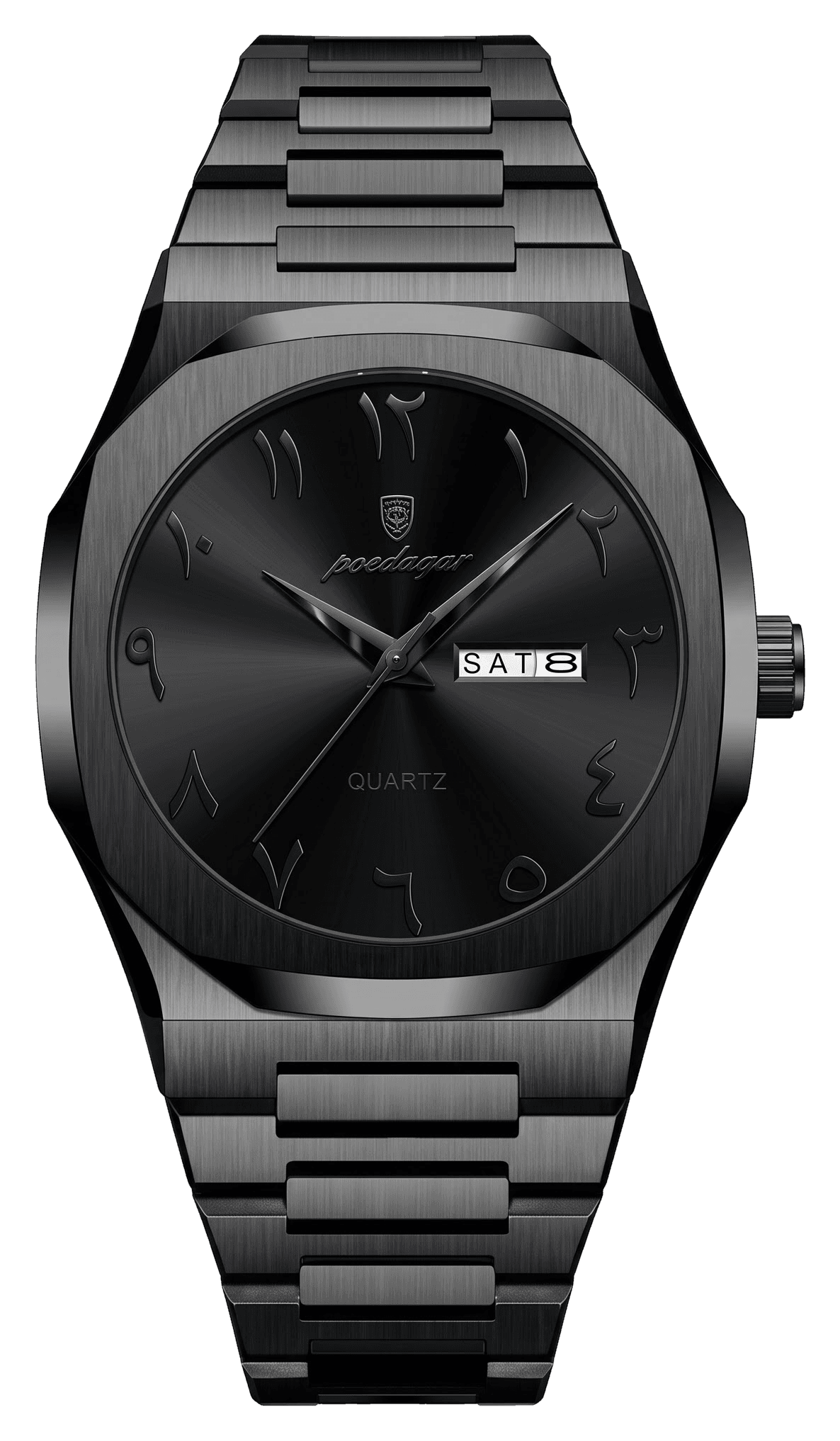 Aura watch in black on stainless steel, front view
