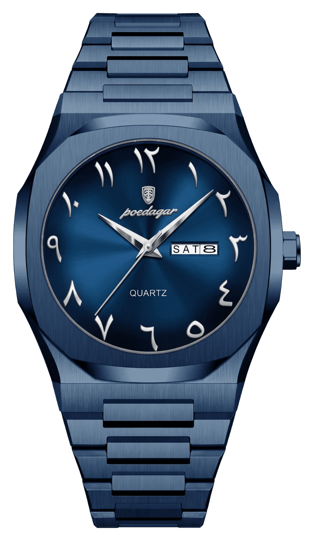 Aura watch in blue on blue steel bracelet, front view