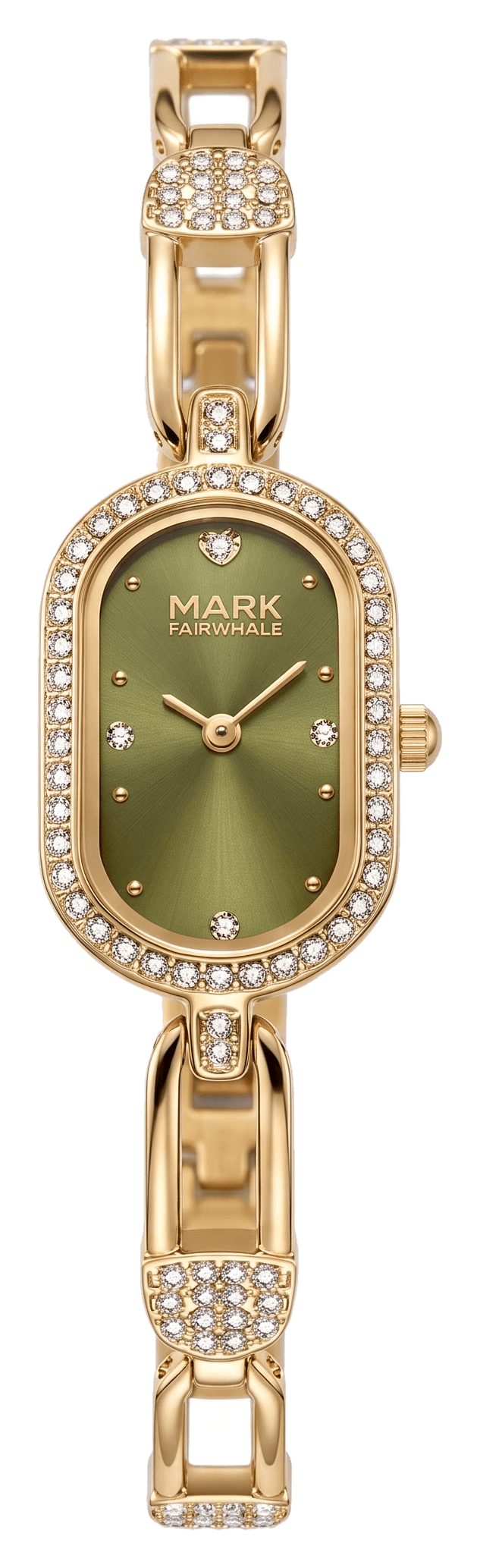 Aurelia watch in olive on gold paperclip bracelet, front view