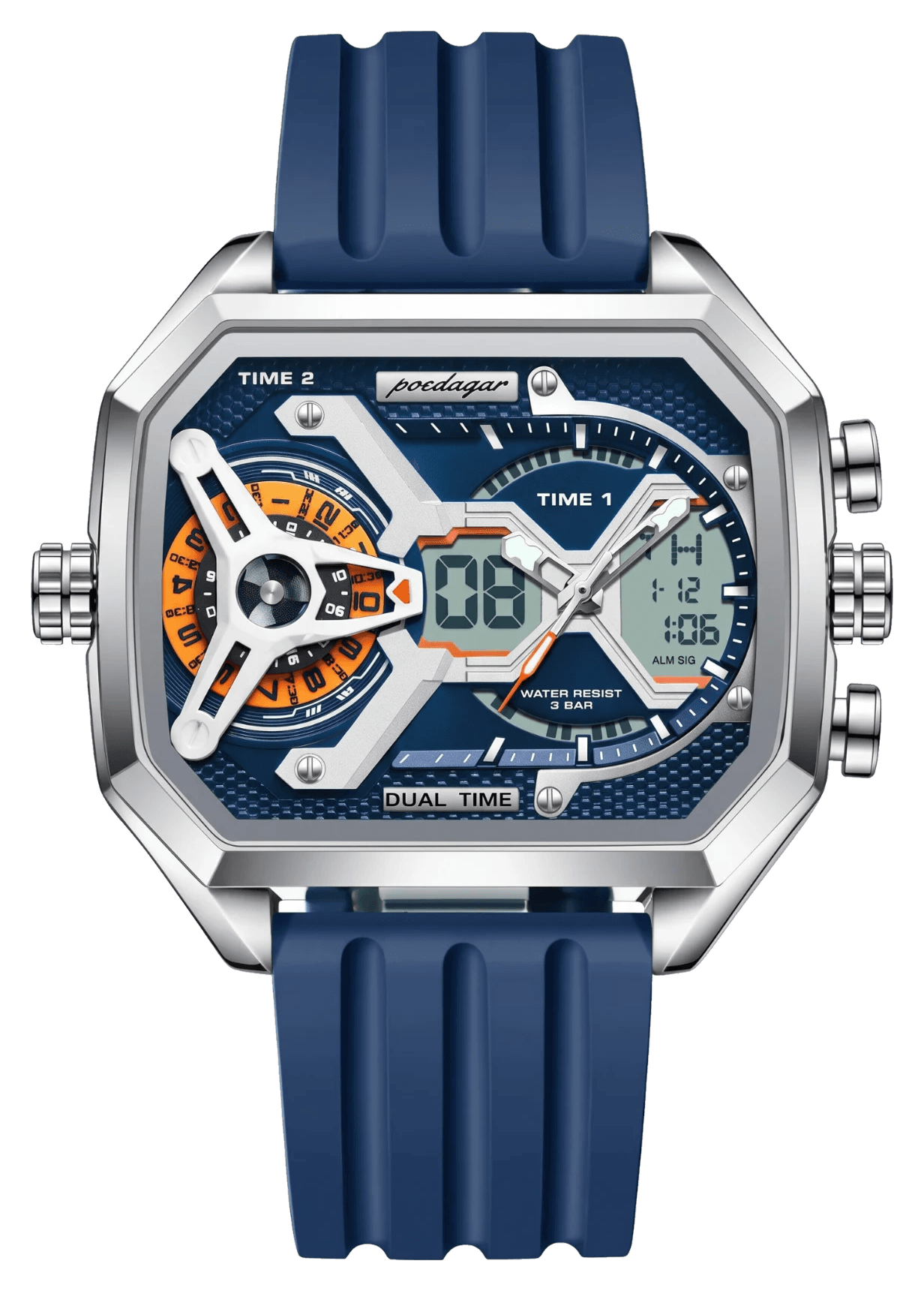 Axis watch in blue on navy silicone, front view