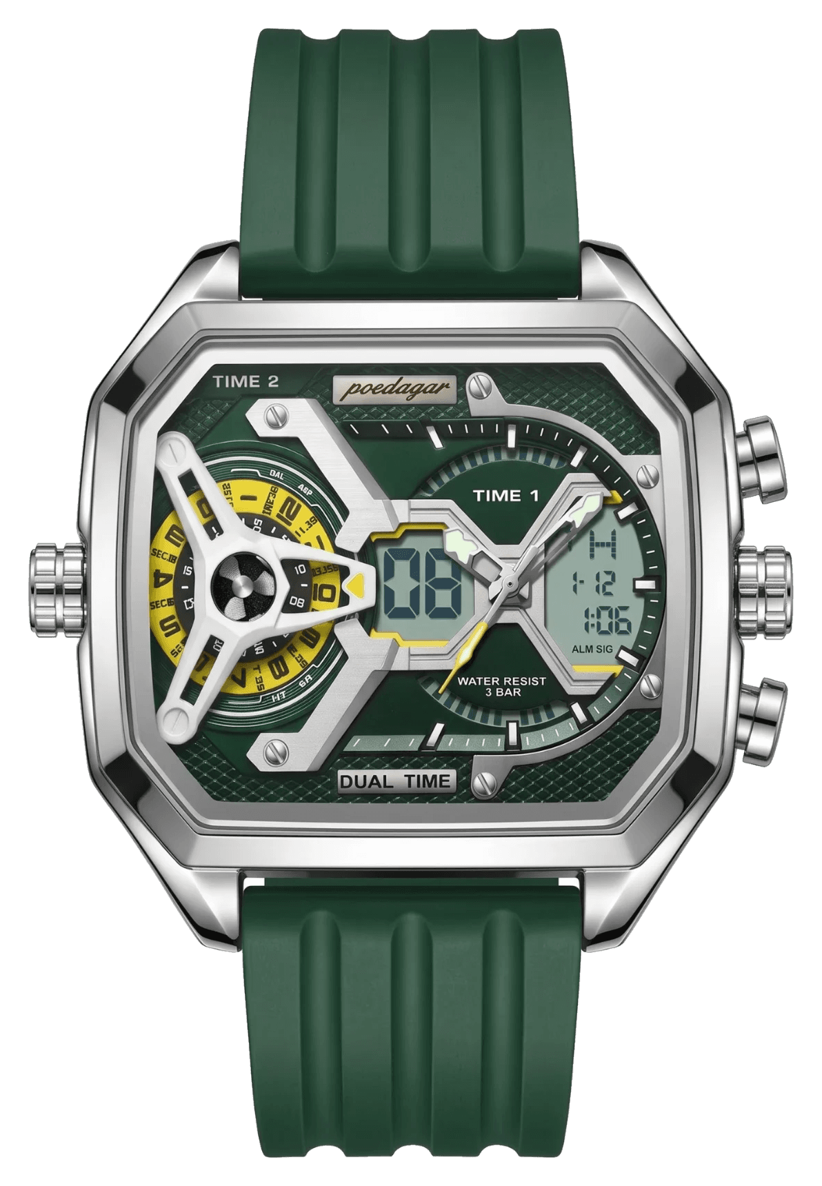 Axis watch in green on green silicone, front view