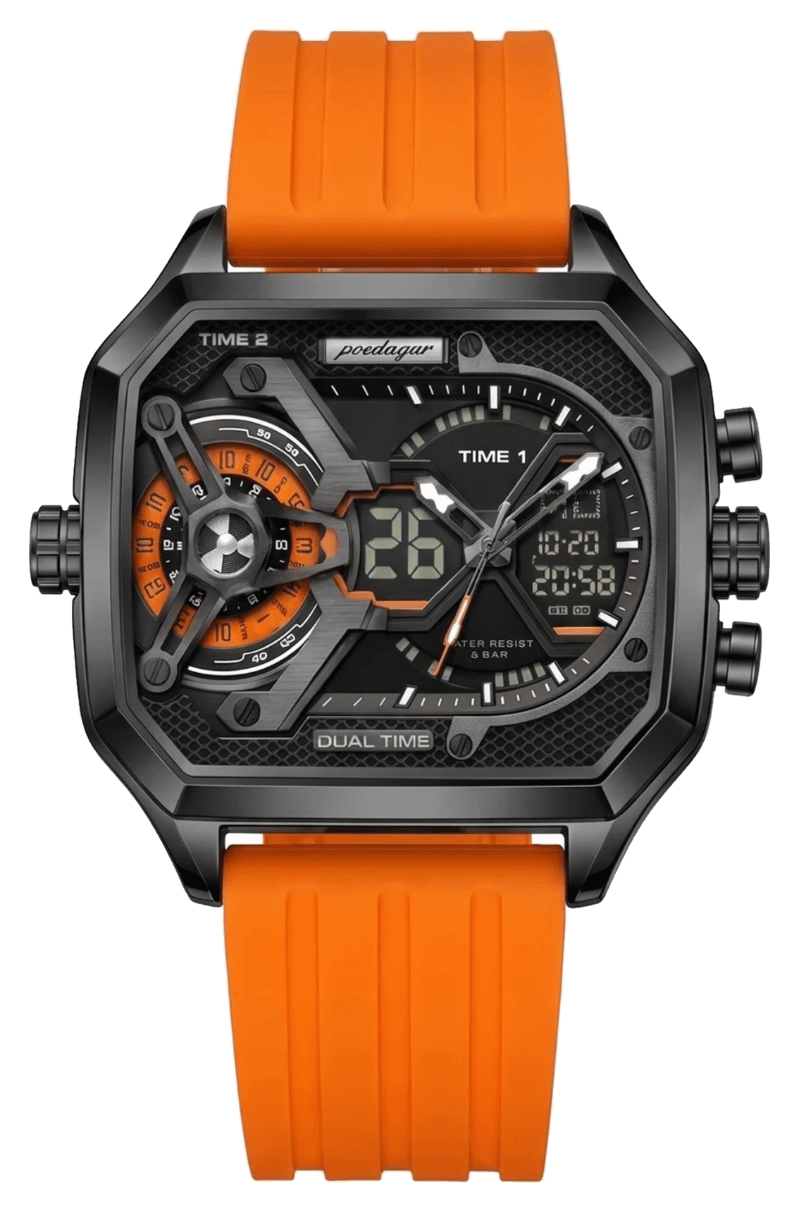 Axis watch in orange on orange silicone, front view