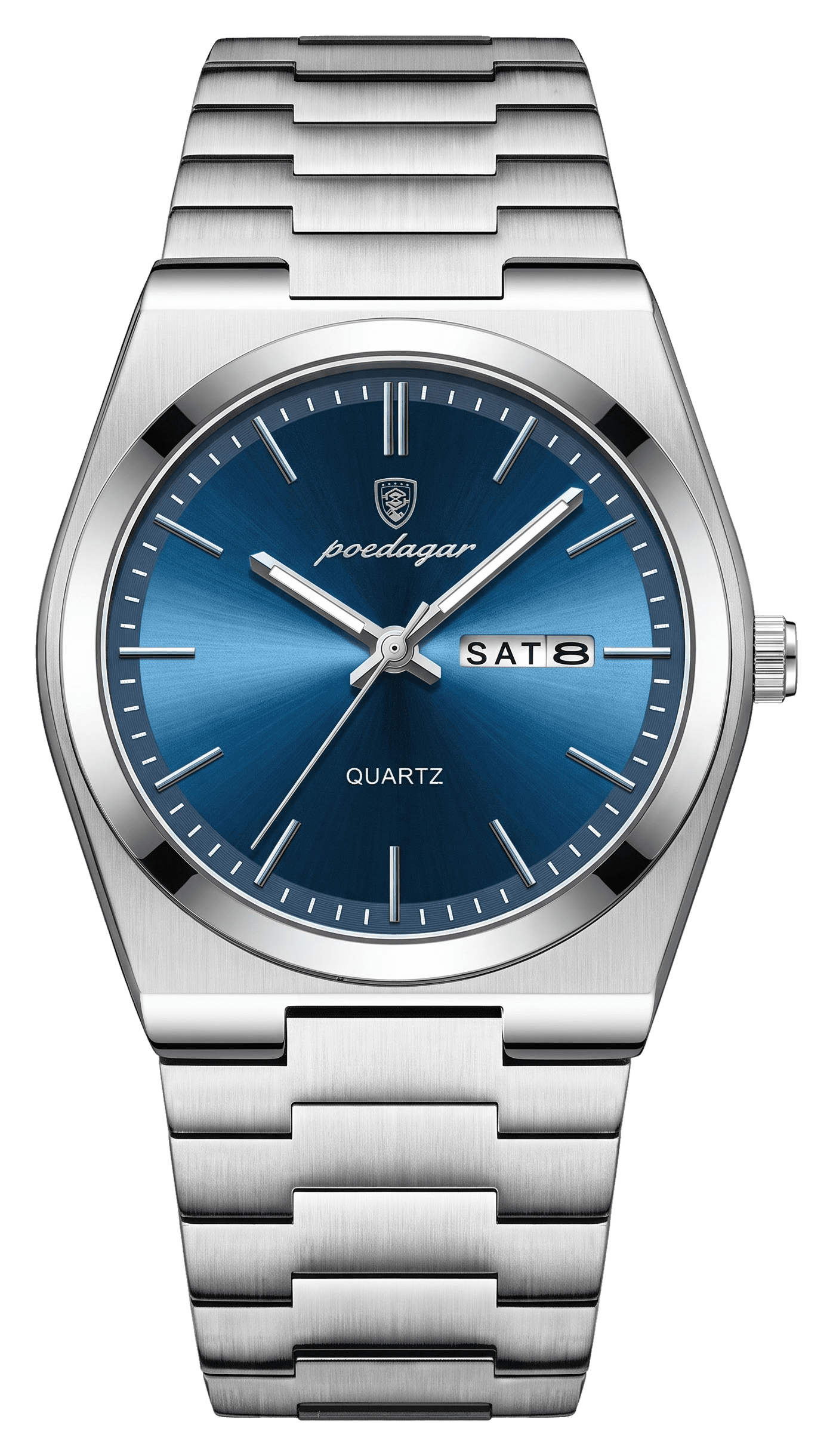 Azure watch in blue on steel bracelet, front view