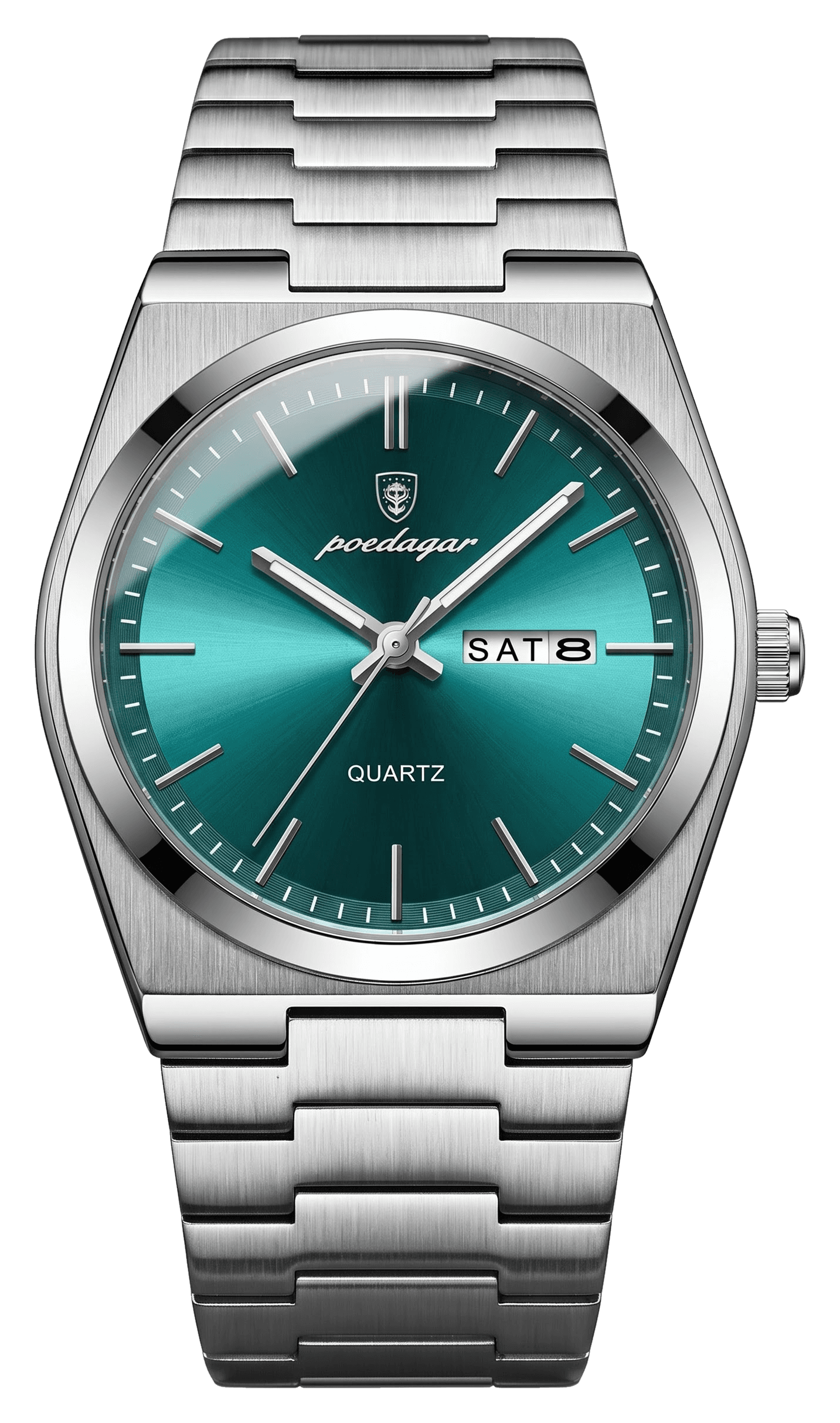 Azure watch in teal on steel bracelet, front view