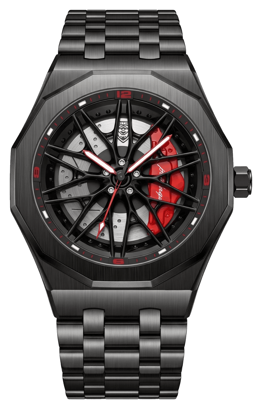 Caliper watch in black on black steel bracelet, front view