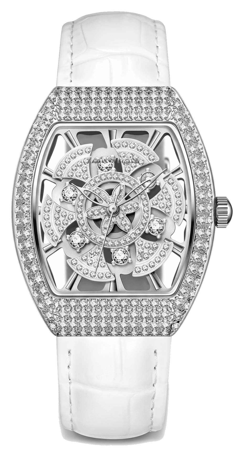Celeste watch in silver on white croc-embossed leather, front view