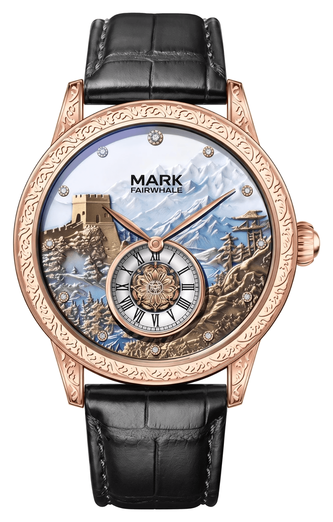 Citadel watch in rose on black croc-embossed leather, front view