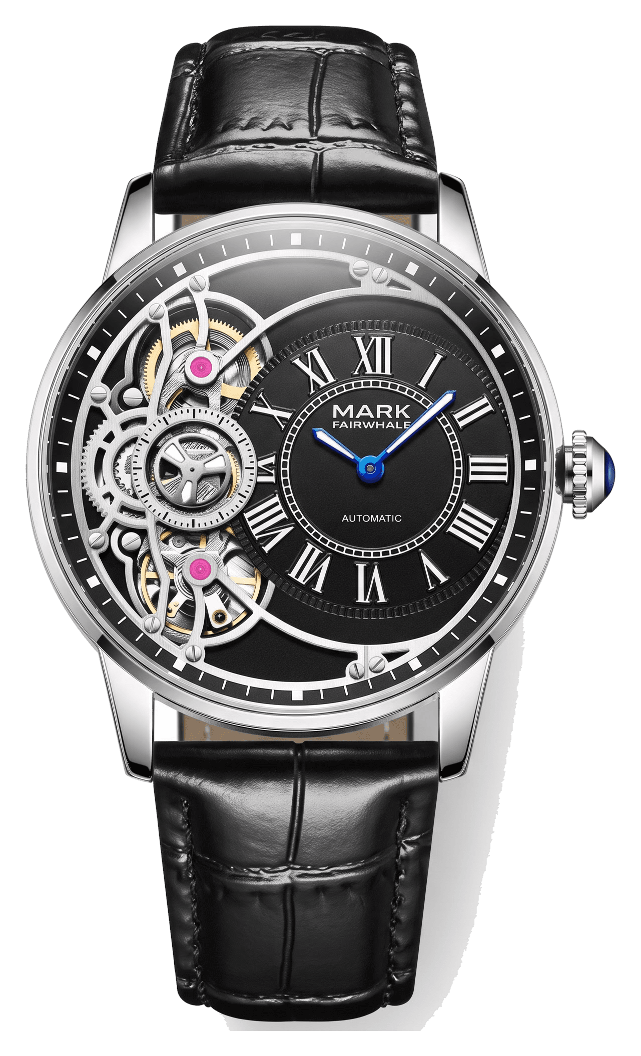 Eclipse watch in black on black croc-grain leather, front view