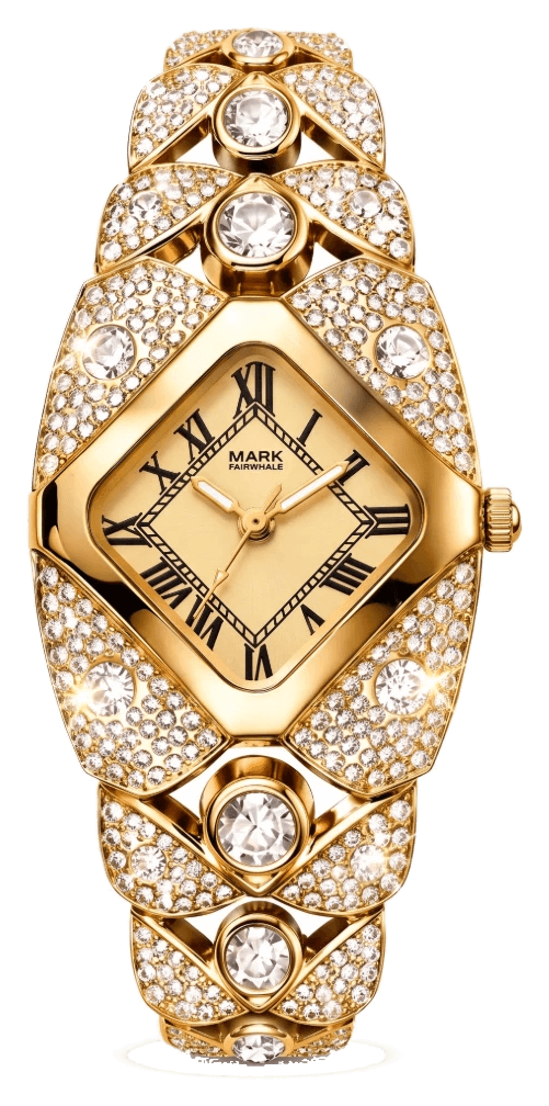 Empress watch in gold on gold pavé bracelet, front view