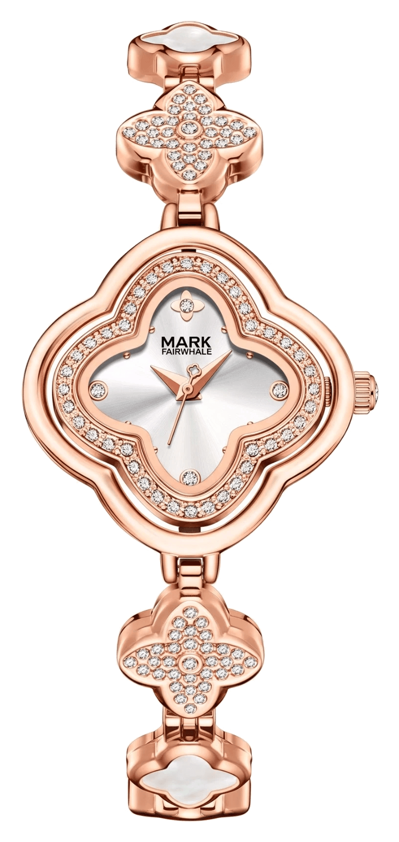 Fleur watch in silver on rose-gold clover bracelet, front view