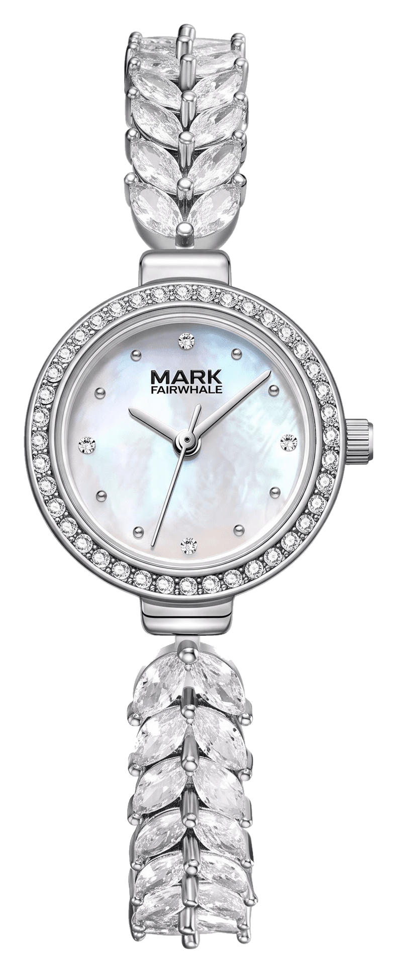Laurel watch in pearl on marquise-crystal leaf bracelet, front view
