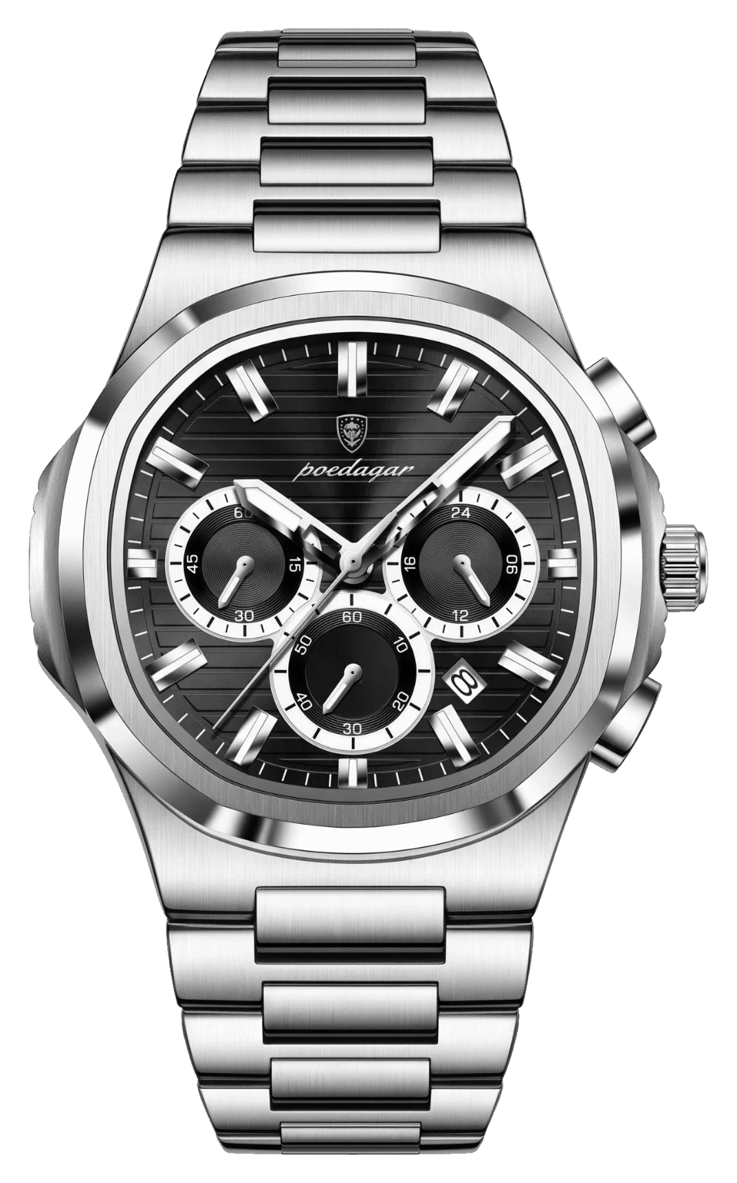 Marlow watch in black on steel bracelet, front view