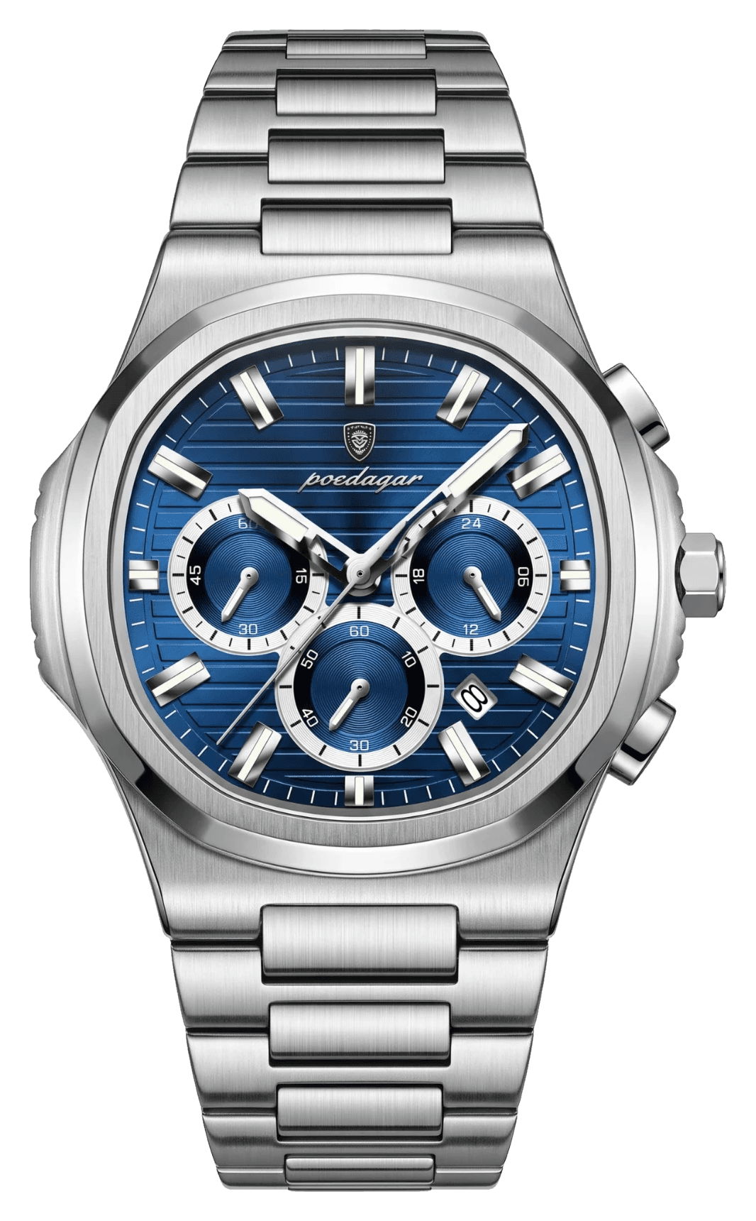 Marlow watch in blue on steel bracelet, front view