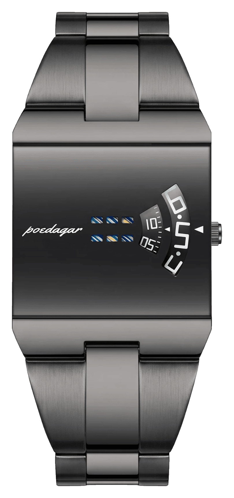Monolith watch in gunmetal on gunmetal steel bracelet, front view