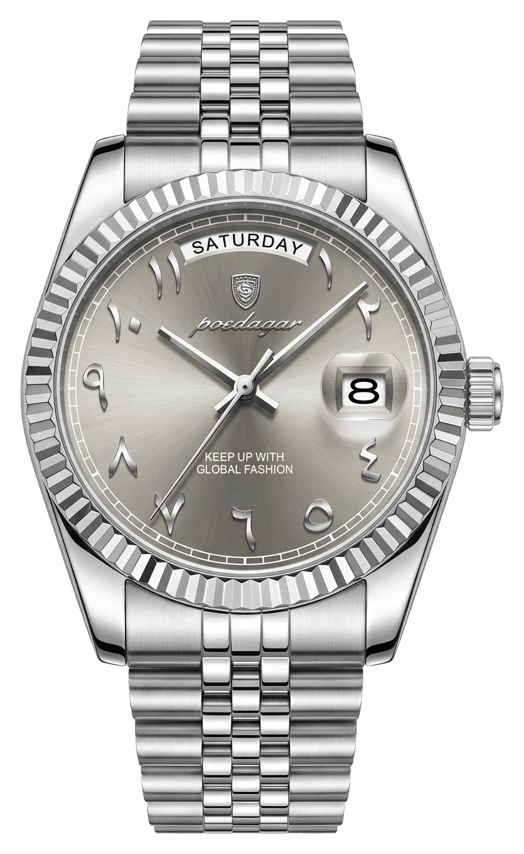 Arabian watch in grey on steel jubilee bracelet, front view