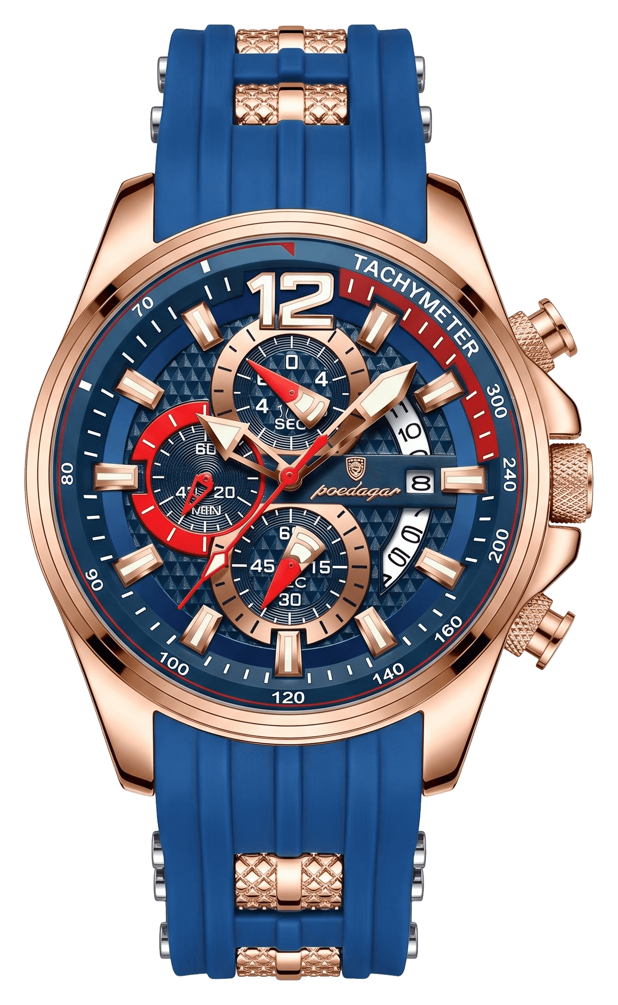 Velocity watch in blue · rose gold on silicone, front view